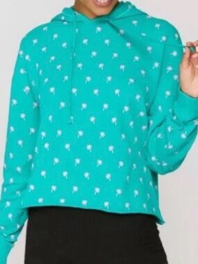 Spiritual Gangster Emerald Cropped Hoodie with Pink Palm Tree Print